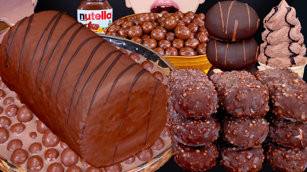 ASMR CHOCOLATE ROLL CAKE MALTESERS ICE CREAM NUTELLA DESSERT MUKBANG 초콜릿 먹방 チョコレート 咀嚼音 EATING SOUNDS
