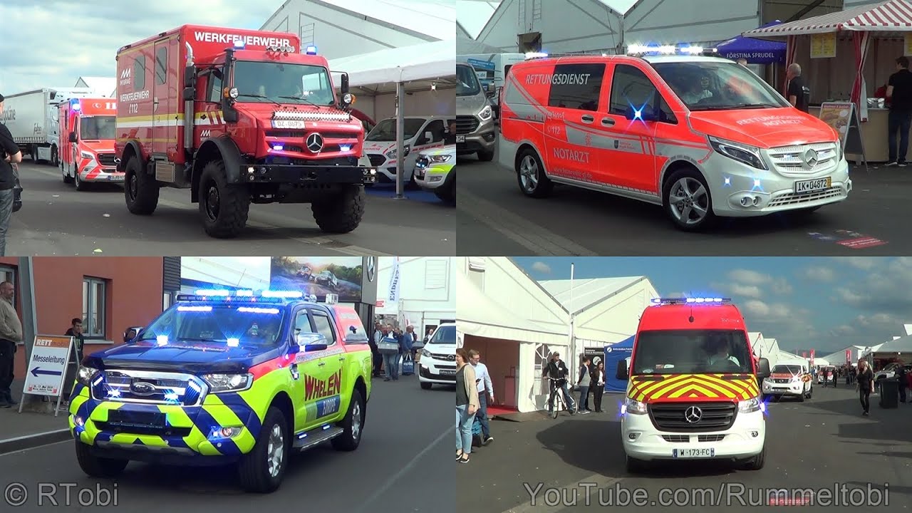 German Rettmobil 2019 Expo Parade - emergency vehicles leaving with lights and sirens [GER | 5.2019]