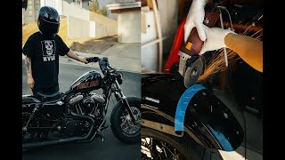 Alberts Harley Sportster 48: Rear Fender Cut, New Handlebars, and Springer Seat Install