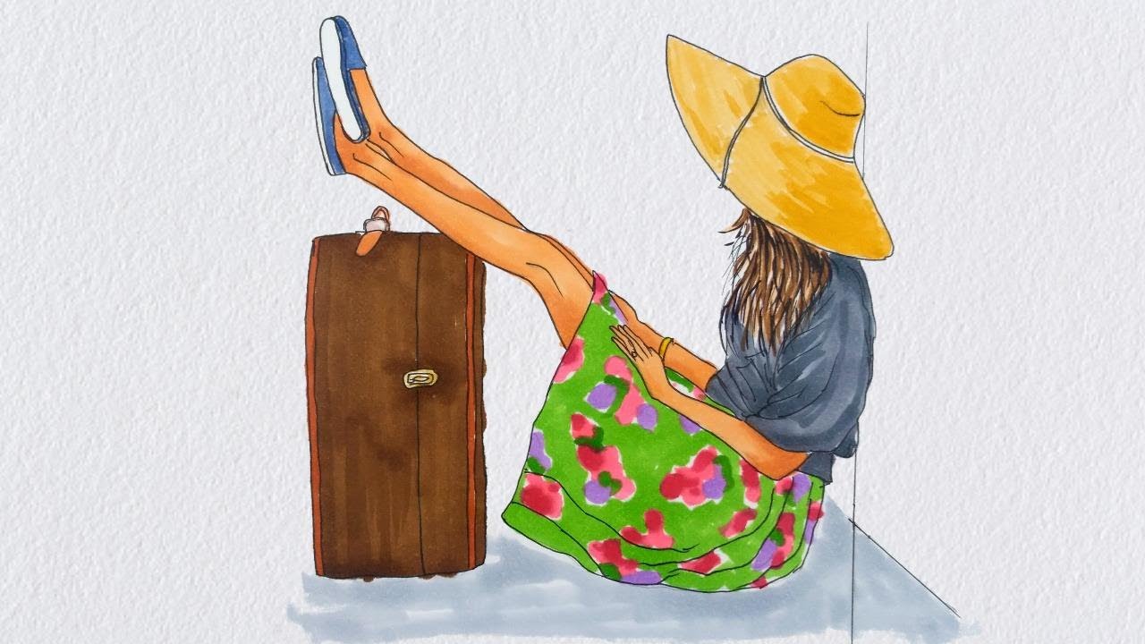 How To Draw A Girl With Suitcase Drawing A Girl Sitting With