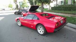 A red ferrari 308 gtb starting up and leaving cnc motors' meet greet
event with black gts. (december 9, 2012 / ontario, ca)