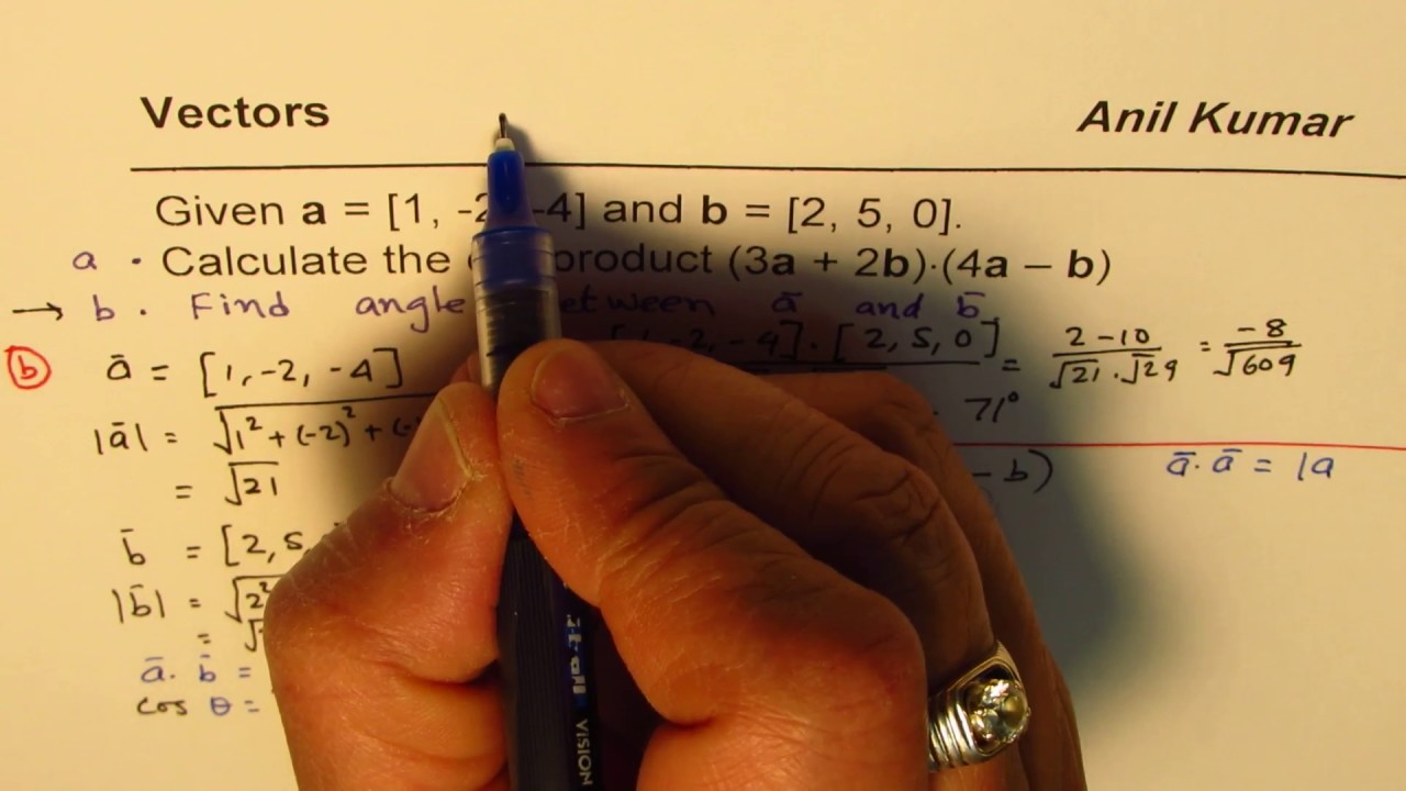 Find angle between vectors and dot product of linear combination - YouTube