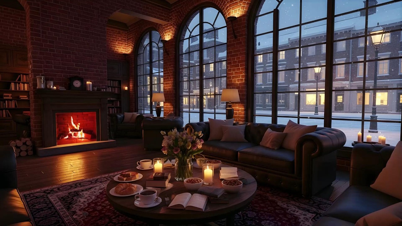 Stress Relief with Warm Morning Jazz at Winter Cafe Ambience ☕ Soft Jazz Background Music & Snowfall