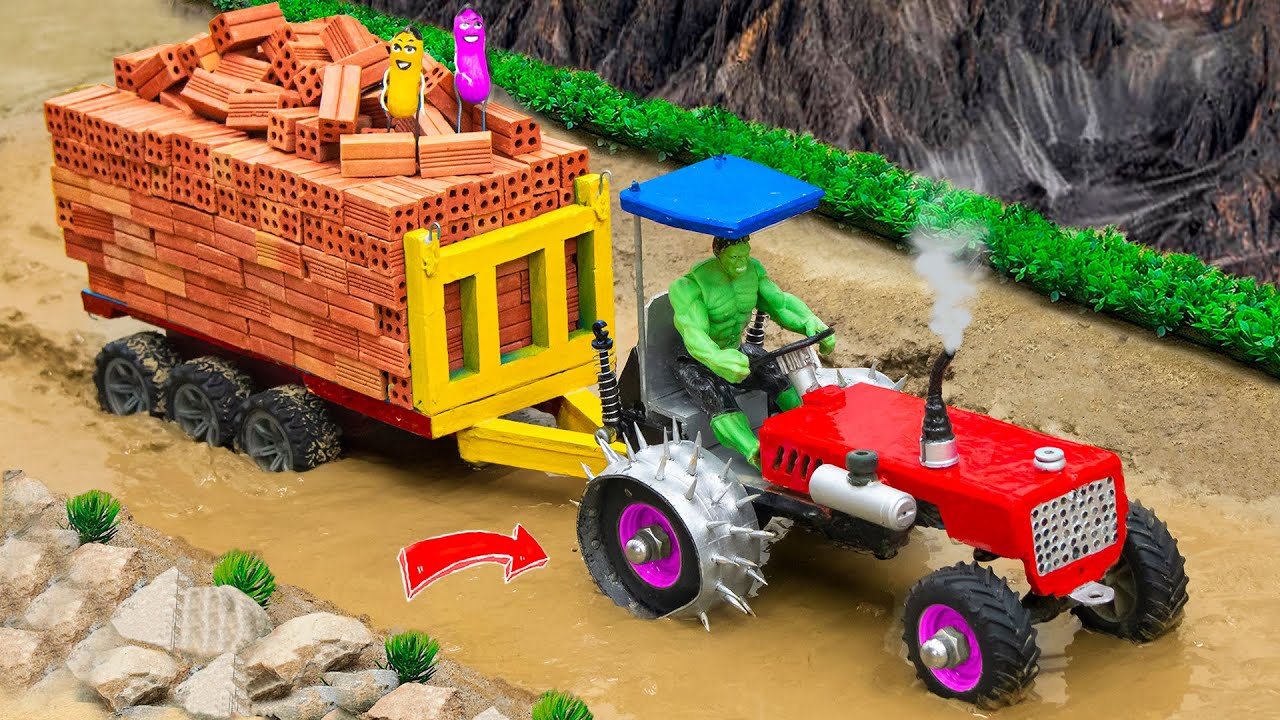 Diy making Trolley Heavy Truck full of Bricks loading  Tractor is stuck in the mud  Sunfarming