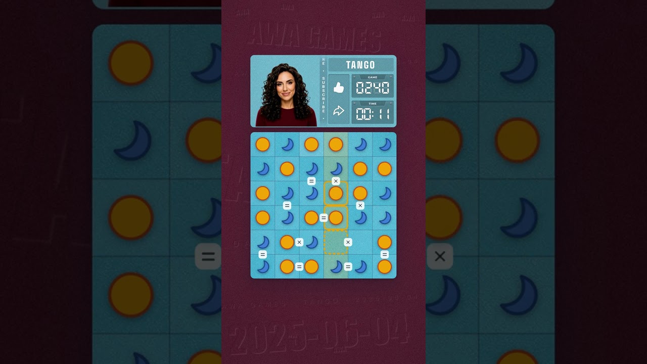 LinkedIn Tango #240 solved board for June 4, 2025, 6x6 grid