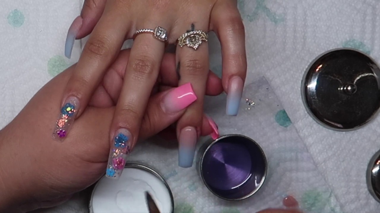 Tapered Square Blue Pastel Ombre Nails With Flowers Acrylic Nail Tutorial