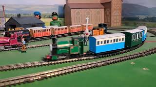 Bachmann Peter Sam Pulling green , 2 blue coaches and blue box van