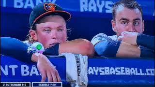 Hunter Bigge Gets Hit By Foul Ball in Rays Dugout