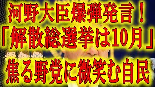 【河野防衛大臣「10月に解散総選挙！」】現役閣僚の河野防衛相が「10月に解散」と発言！状況を考えると可能性は極めて高い！しかも自民党大勝の予感！圧勝して強い政権が出来そうなこのタイミングで解散はアリだ