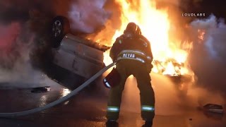 Fiery Solo Vehicle Crash / Van Nuys   RAW FOOTAGE