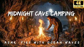 Midnight Escape: Ocean Waves ASMR & Cozy Campfire Crackling (Relaxing Sounds)
