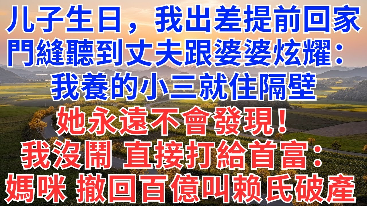 儿子生日，我出差提前回家，門縫聽到丈夫跟婆婆炫耀：我養的小三就住隔壁，她永遠不會發現！我沒鬧 直接打給首富：媽咪，撤回百億叫赖氏破產！#為人處世#小說#情感故事#故事頻道#生活經驗