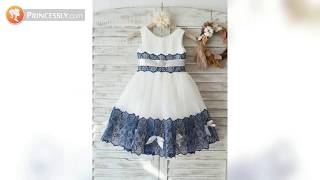 Princess Ivory Navy Blue Lace Tulle Flower Girl Dresses with bow | Princessly Dresses