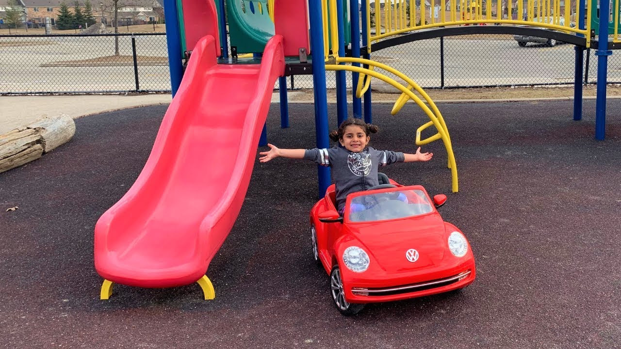 Sally Drive power wheels car to Outdoor Playground!! family fun time