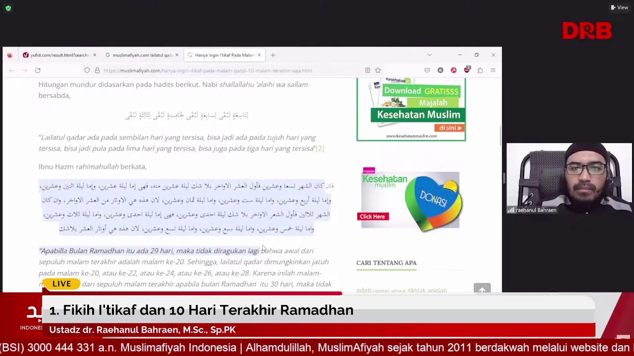 1. Fikih I'tikaf dan 10 Hari Terakhir Ramadhan | Ustadz dr. Raehanul Bahraen, M.Sc., Sp.PK