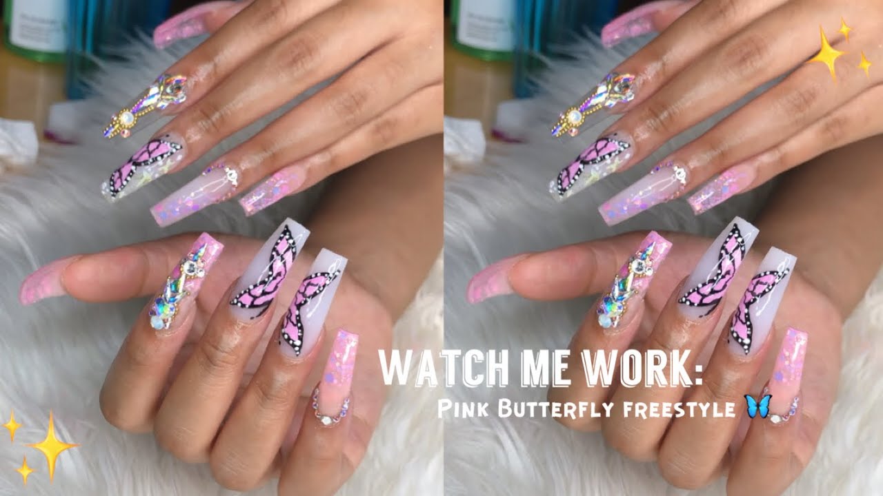 Watch Me Work Pink Butterfly Freestyle Butterfly Design Acrylic Nails Tutorial Youtube