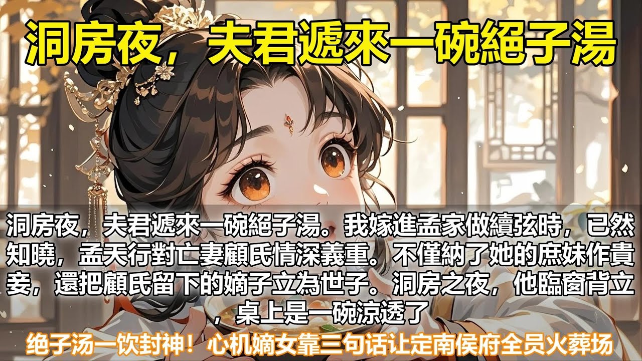 【完結宅鬥文】一碗絕子湯換侯府江山 這侯府我要了。我嫁進孟家做續弦時，已然知曉，孟天行對亡妻顧氏情深義重。不僅納了她的庶妹作貴妾，還把顧氏留下的嫡子立為世子。洞房之夜，他臨窗背立，桌上是一碗涼透了的絕
