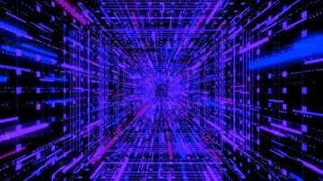Beautiful abstract purple square tunnel with light lines moving fast on black background, seamless