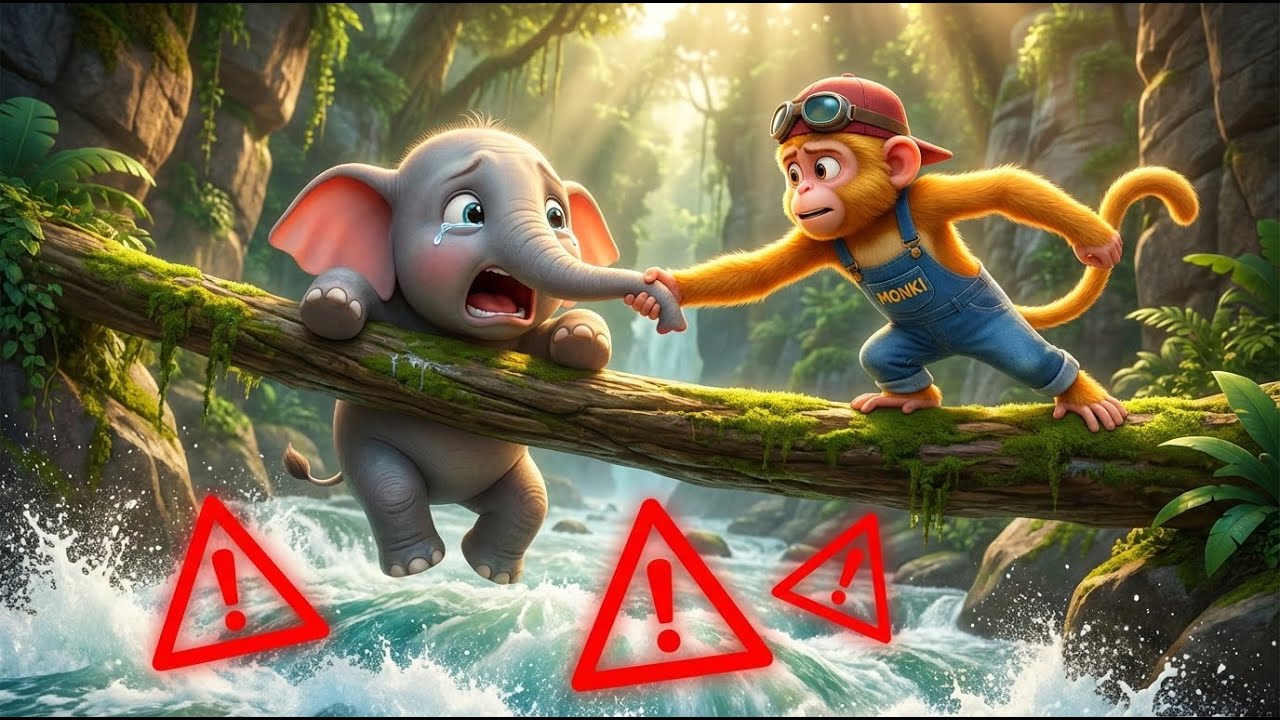 Monkey vs. Wild River! 🌊 Saving Baby Elephant from Dangerous Log Bridge 😱 | Jungle Adventure 4K