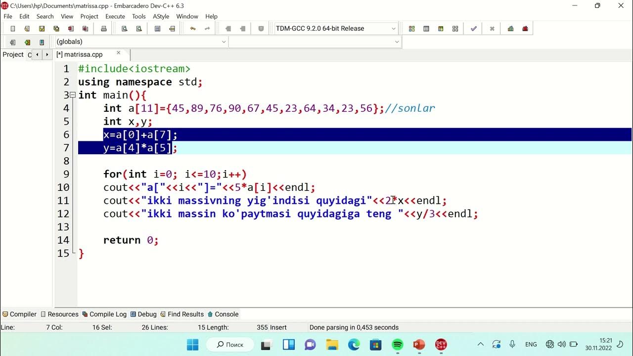 Matrissalar ustida amallar C + + darslari#c++ #coding #darslar - YouTube