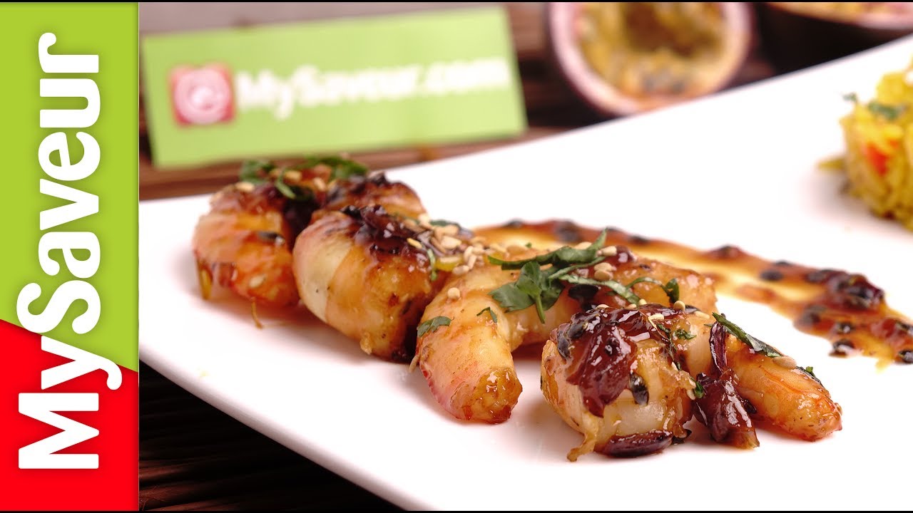 Crevettes caramélisées aux fruits de la passion & riz safrané