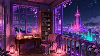 Dreamy Balcony Study Room 🌸 Chill Lofi Beats for Focus & Relax 📖 Neon City View screenshot 4
