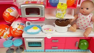 Baby doll kitchen and surprise eggs Kinder joy toys play