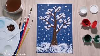 Зимние рисунки. Как нарисовать дерево ватными палочками. Winter drawings. How to draw a tree