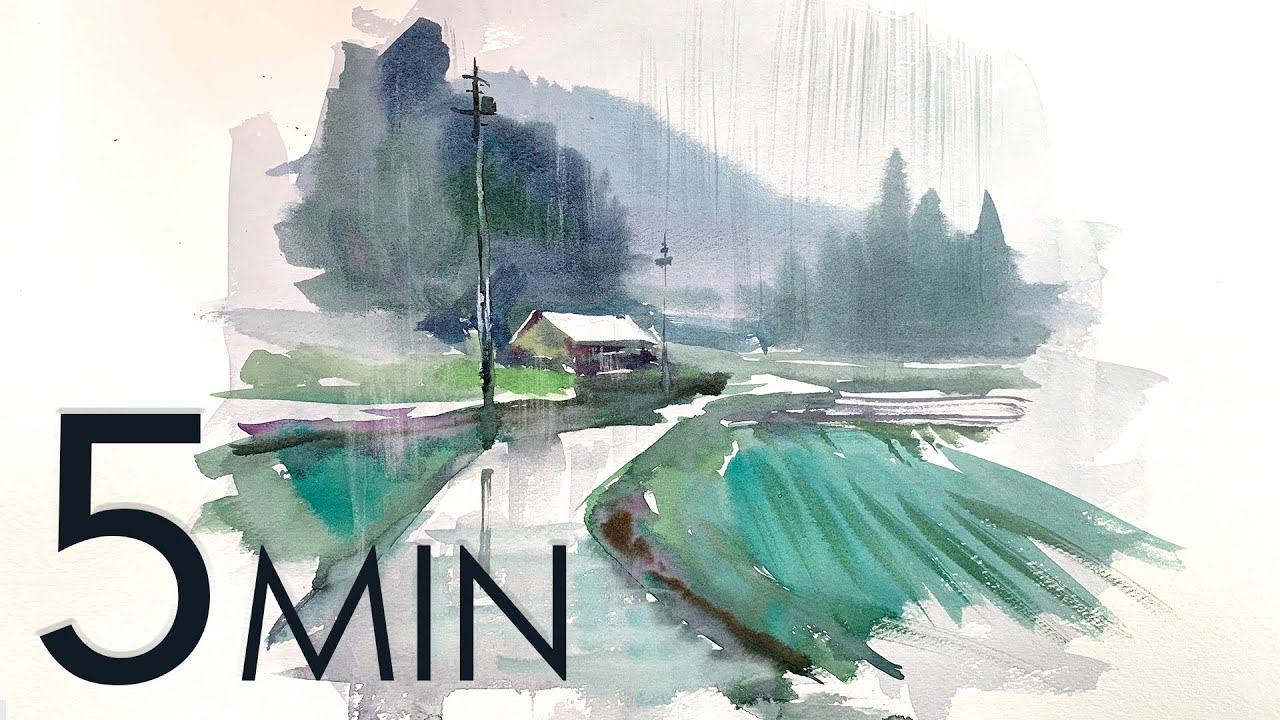 Eng sub] 5min Easy Watercolor | Rainy day in the village