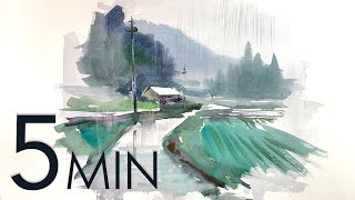 [Eng sub] 5min Easy Watercolor | Rainy day in the village. Landscape