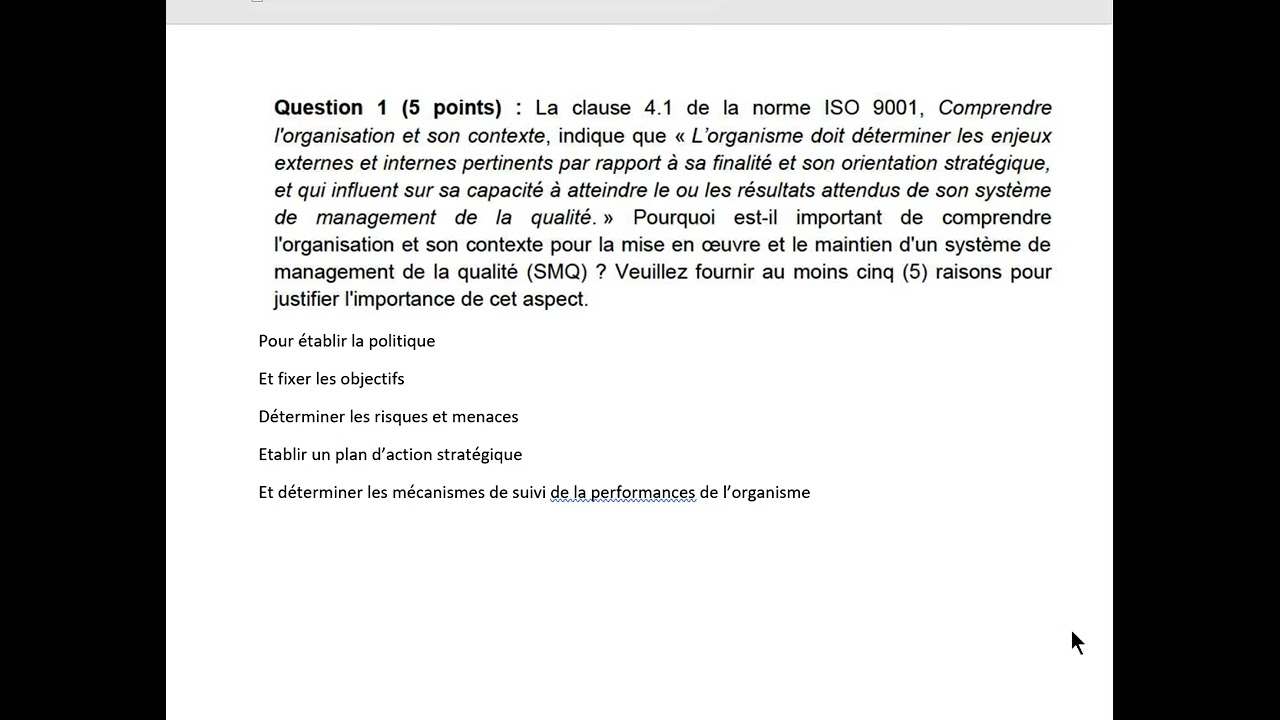 Exemple d'examen IRCA ISO9001 version 2015 Part 1