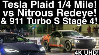 Gutted Plaid 1/4mile vs Stage 4 Porsche 911 Turbo S! 150MPH Nitrous Redeye!! 4 Races in 4K UHD!