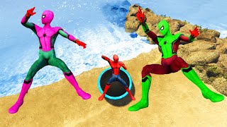 GTA 5 Rainbow Spiderman Team Trampoline Falling Off Highest Buildings (Jumps & Ragdolls)