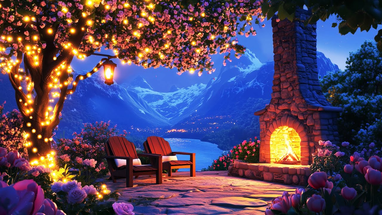 Spring Night Ambience 🌙  Cozy Outdoor Fireplace | Blossoms, Mountain View for Sleep & Relaxation