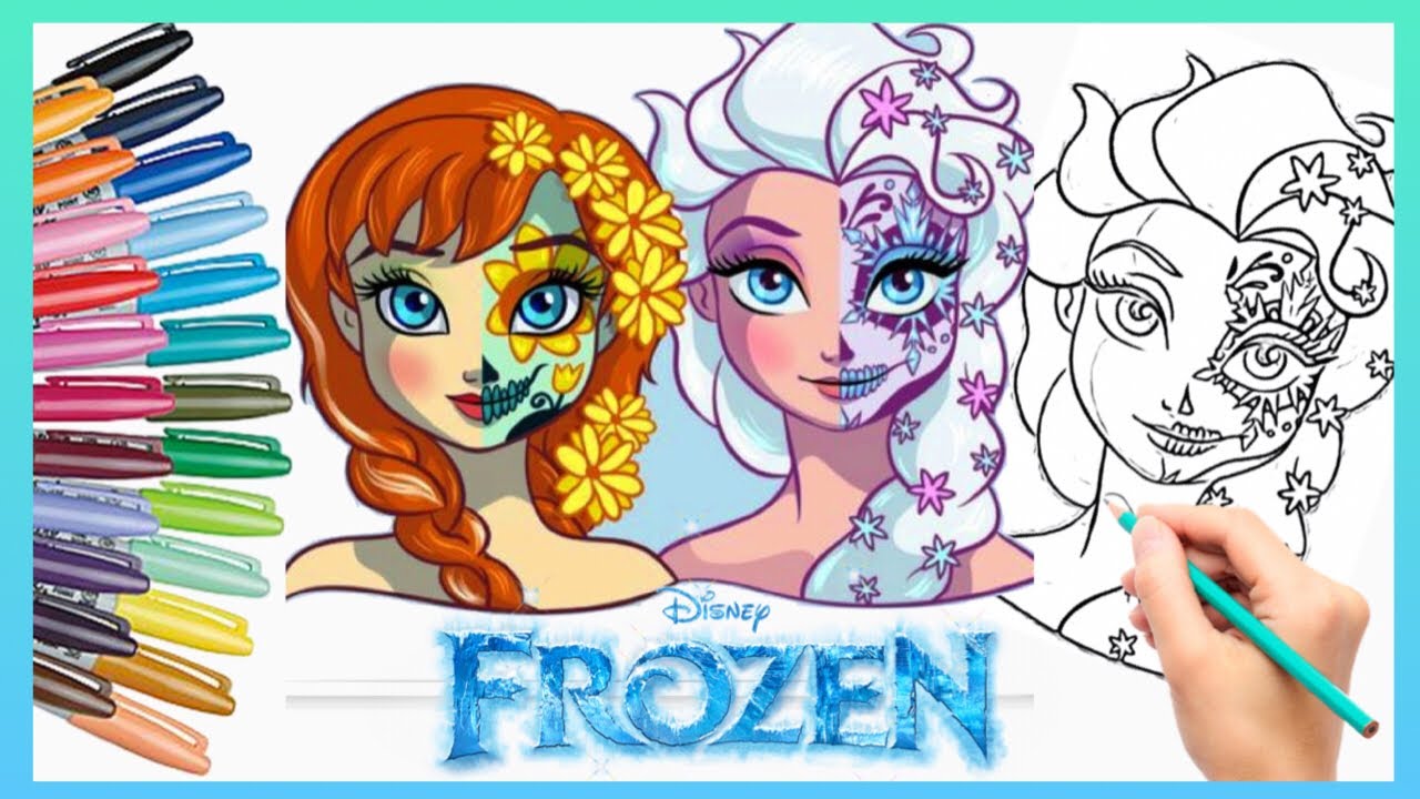 Mewarnai Elsa dan Anna Frozen | Coloring Elsa Frozen Disney Coloring Book Pages ( Sugar Skull ...