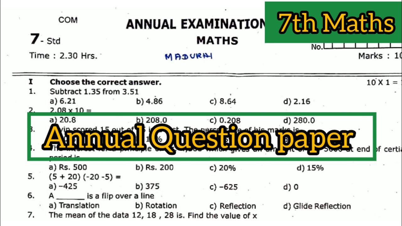 7th Maths Annual exam question paper 2023 || 7th Maths annual exam ...