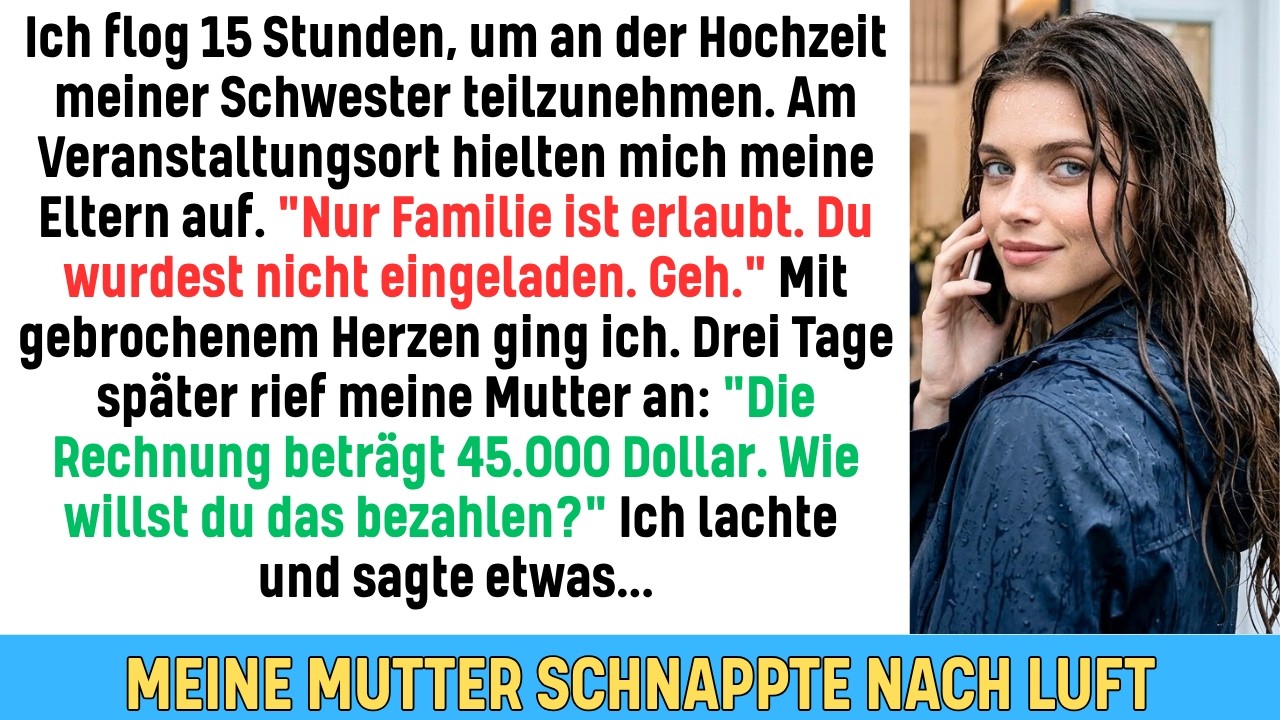 Ich flog nach New York, um bei der Hochzeit meiner Schwester zu sein. Stattdessen blockierten meine eigenen Eltern den Eingang des Anwesens. Meine Mutter lachte nur: „Du warst nicht eingeladen....