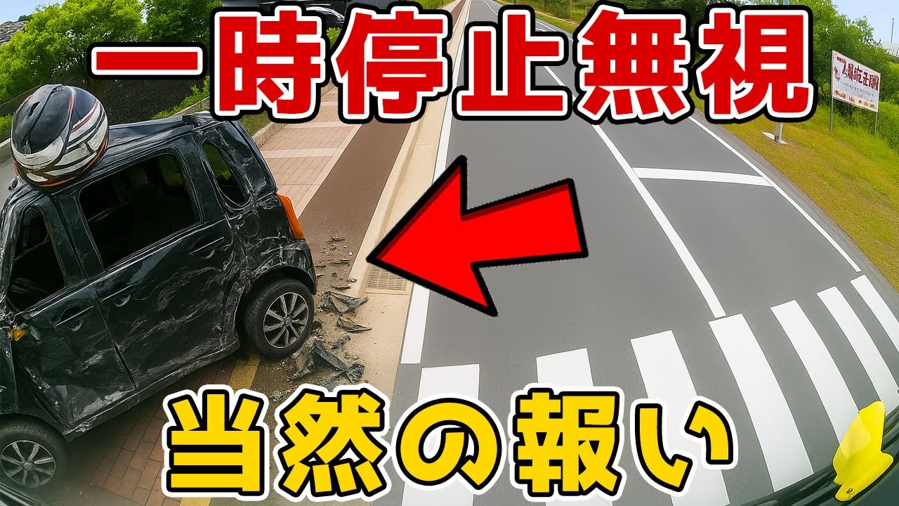 【ドラレコ】一時停止を完全無視したDQN、トラックに真横から轢かれ横転する最高の結末w