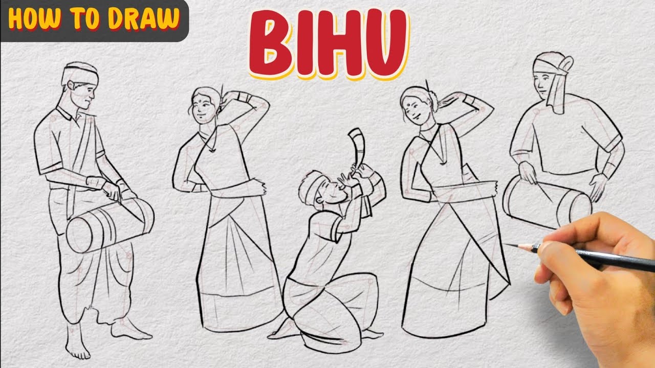 Easy Bihu Drawing Tutorial  Rongali Bihu Drawing  Bihu Dance  Bihu Drawing