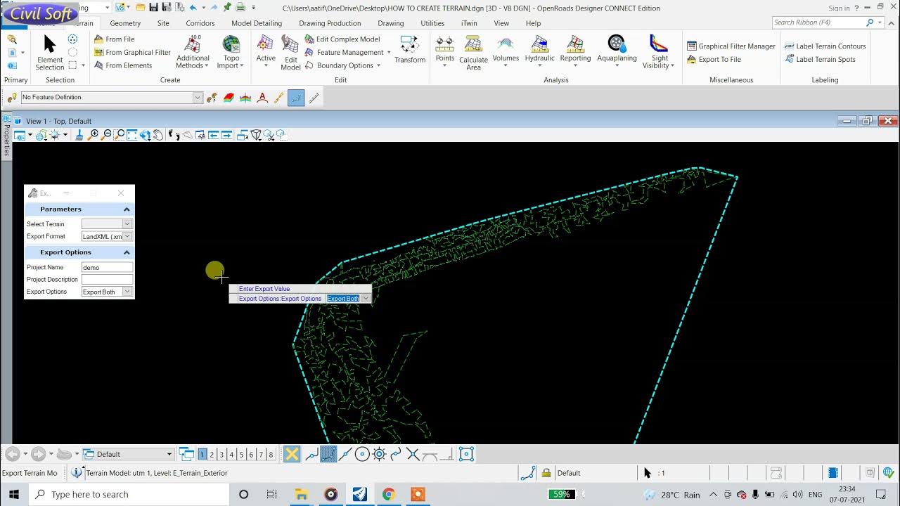 OpenRoads Designer How to export terrain model to landxml format