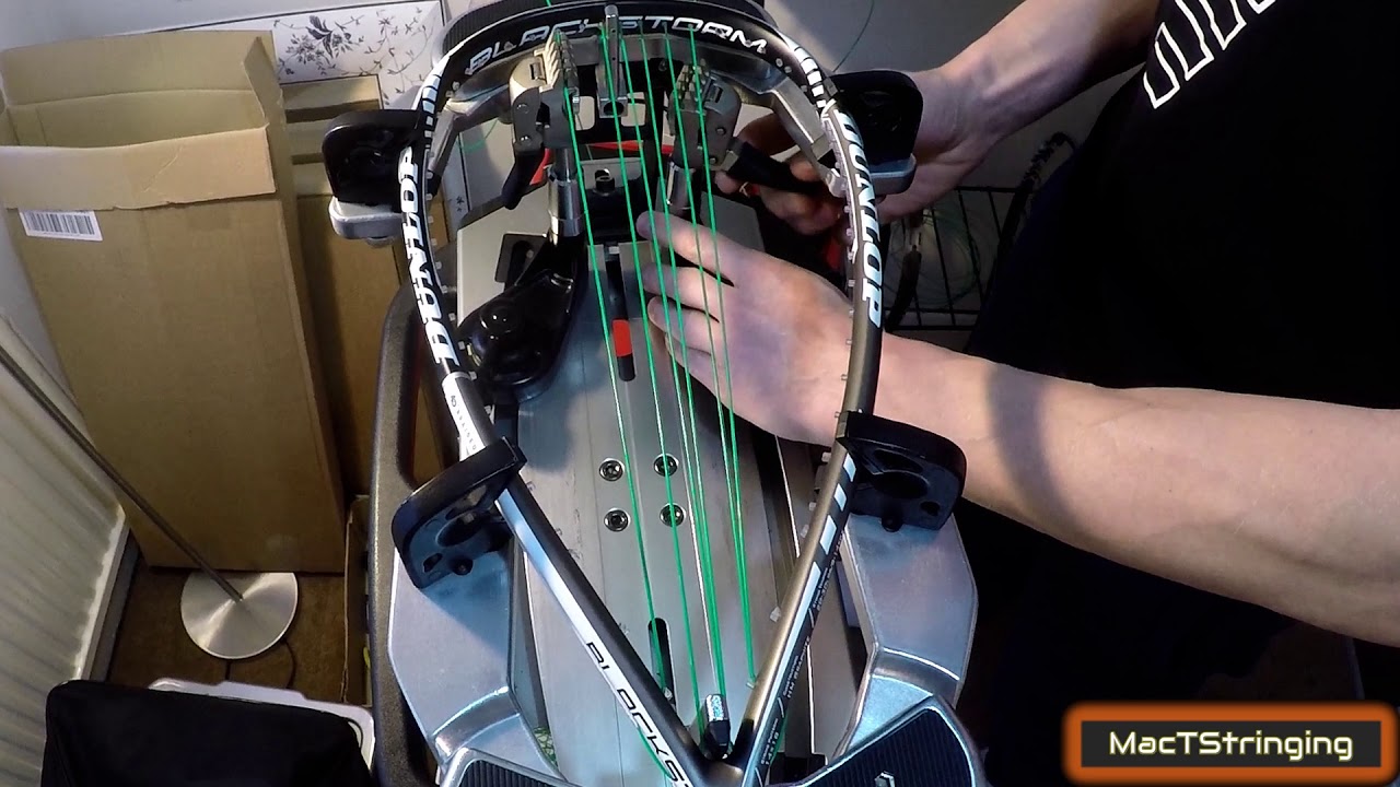 How To String 14X18 Fan Pattern Dunlop Blackstorm Titanium Squash Racket Using 2 Pieces Method.