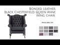 Bonded leather black chesterfield queen anne wing chair