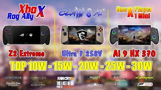 Asus ROG Xbox Ally X vs MSI Claw 8 AI vs OneXPlayer X1 Mini: FPS & Test TDP (10W - 30W)