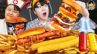 ASMR MUKBANG | Heart Attack Grill BURGER, Cheese stick, Fire Noodles, hot dog recipe ! eating