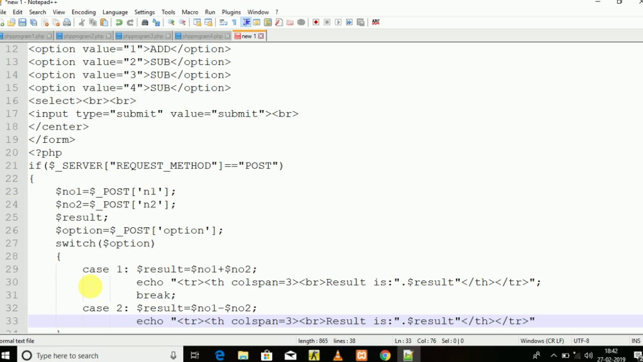 PHP Program Calculator Using Switch Case And Through Post Back - YouTube