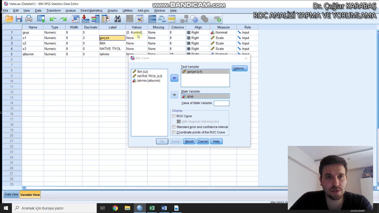 ROC ANALİZİ YAPMA, TABLO OLUŞTURMA  ROC ANALYSIS, DR. ÇAĞLAR KARABAŞ