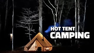 2023 hot tent winter camping رحلة تخييم شتوية وتصوير حيوانات برية في الغابة