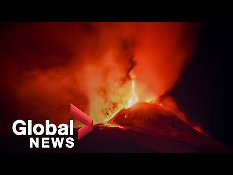 Italy&#039;s Mount Etna erupts with explosions of lava bursting into night sky