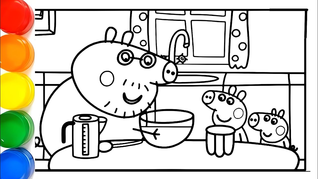 Daddy Pig is cooking food Drawing and Coloring Pages for Kids | How to ...