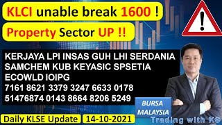 Daily KLSE BURSA Update - 14-10-2021 - KLCI unable break 1600 ! Property Sector UP !! KERJAYA LPI